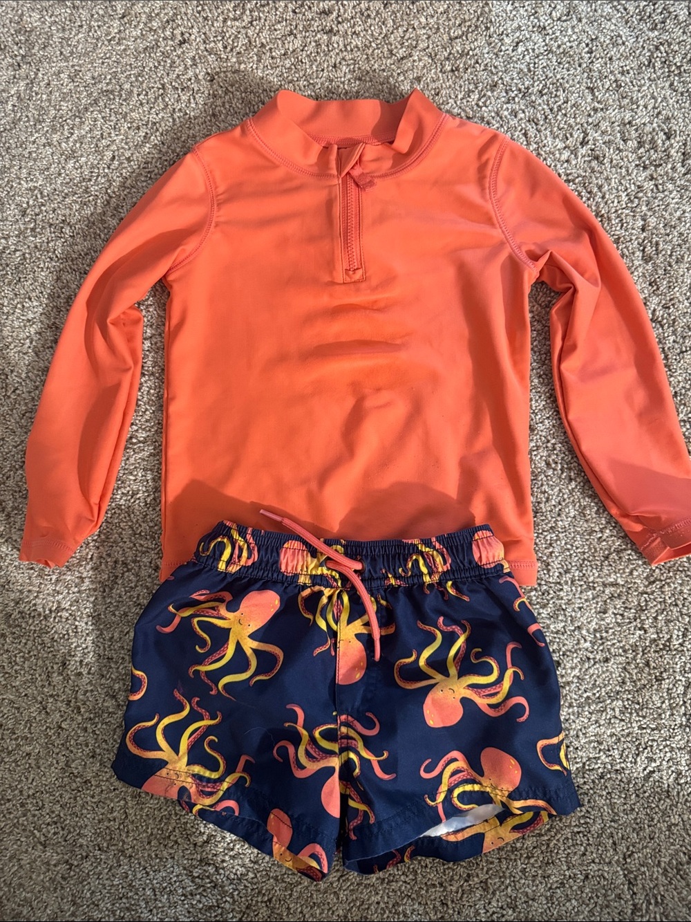 Carter's Orange Long-Sleeve Rash Guard with Navy Octopus Swim Shorts